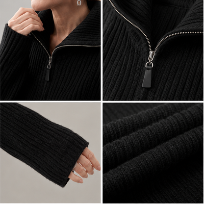 Close views of the black set: the stand collar, the quarter zip pull, the ribbed cuff and the knit texture
