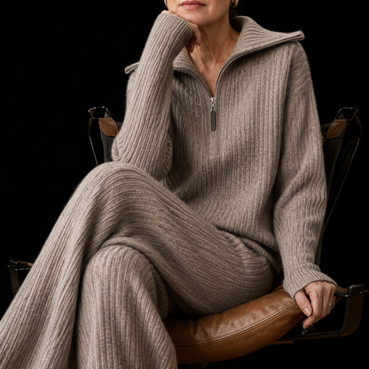 Rita ribbed knit lounge set in taupe, full look with the quarter zip pullover and wide-leg pants