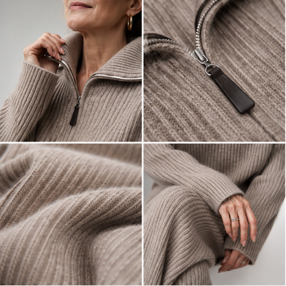 Close views of the ribbed knit texture, the stand collar and the quarter zip in taupe