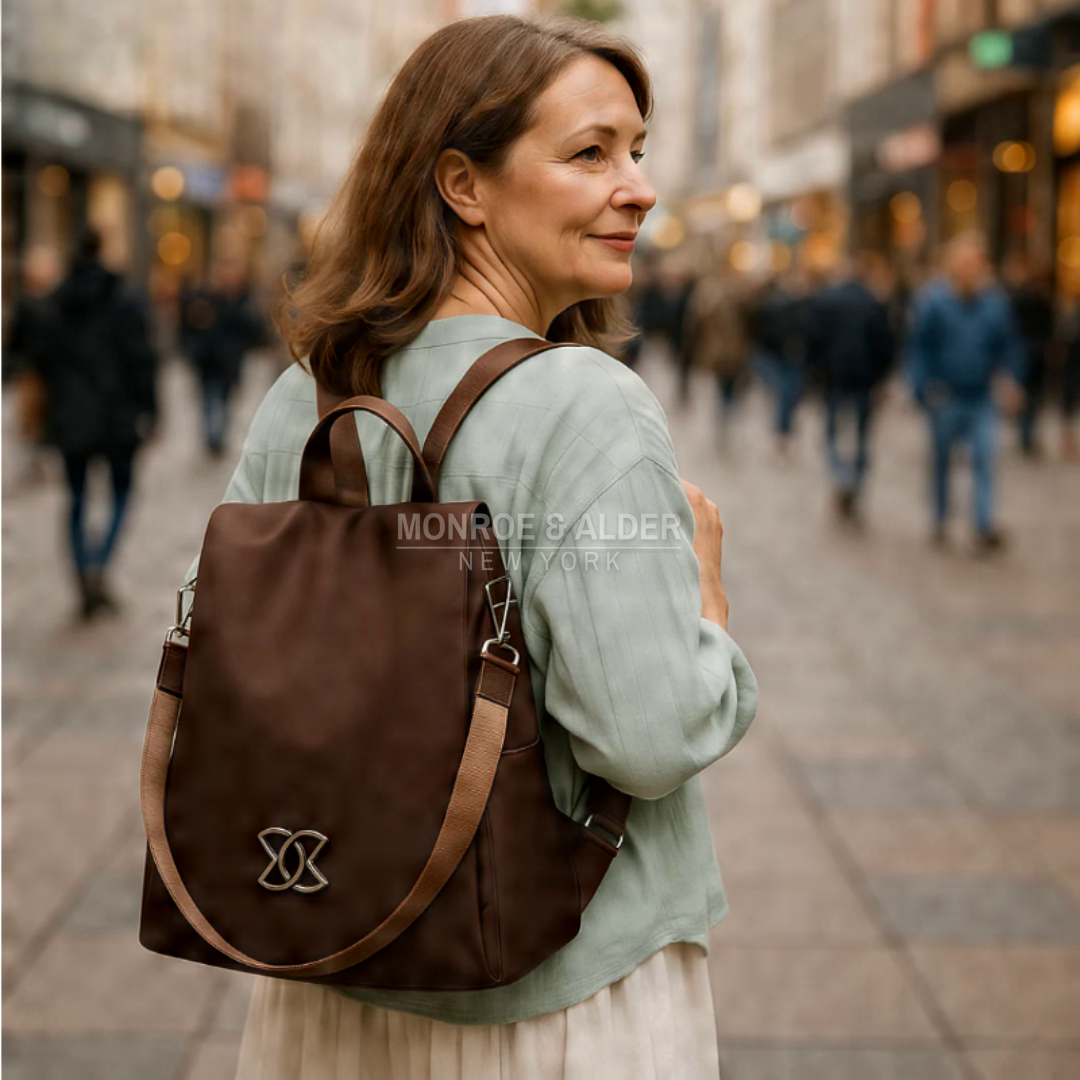 Woman wearing the Rosanne anti-theft bag in brown on a city street
