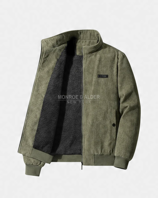 Russell fleece-lined corduroy jacket in Olive Green, open to show the lining