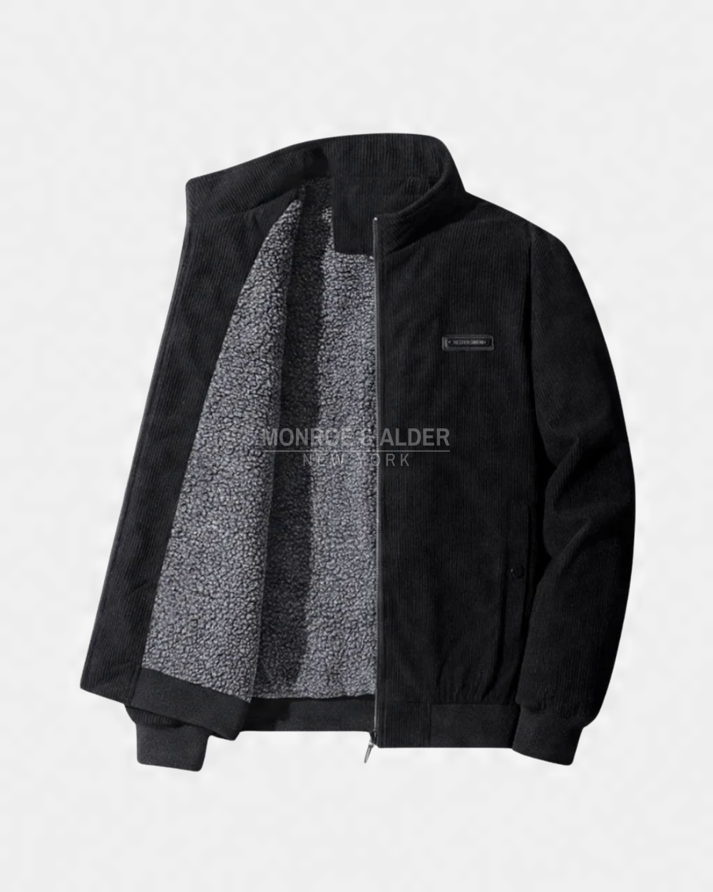 Russell fleece-lined corduroy jacket in Black, open to show the lining