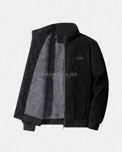 Russell fleece-lined corduroy jacket in Black, open to show the lining