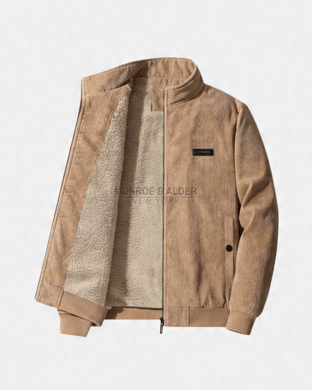 Russell fleece-lined corduroy jacket in Tan, open to show the lining