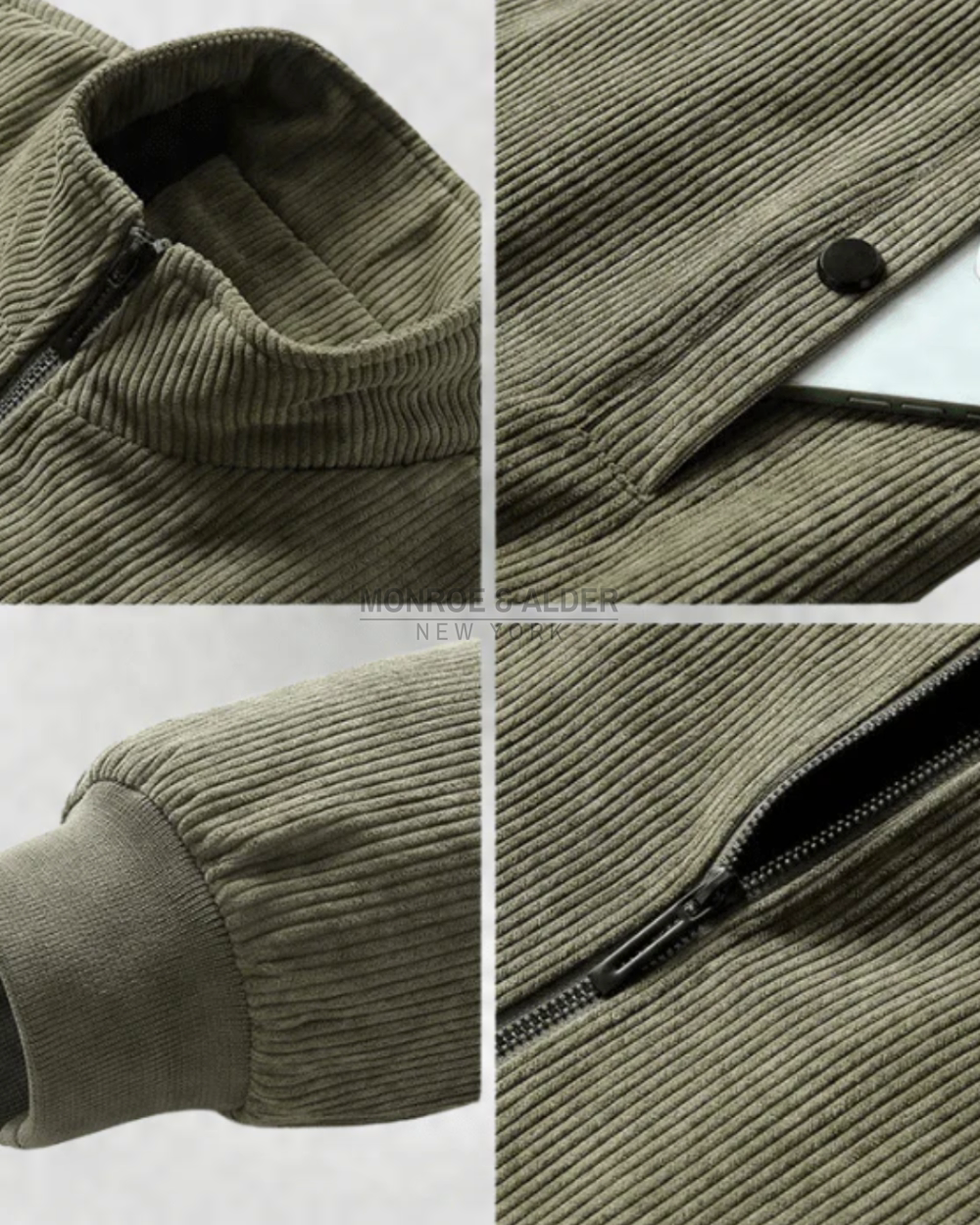 Close-up details of the Russell corduroy jacket: stand collar, snap pocket, ribbed cuff and zip