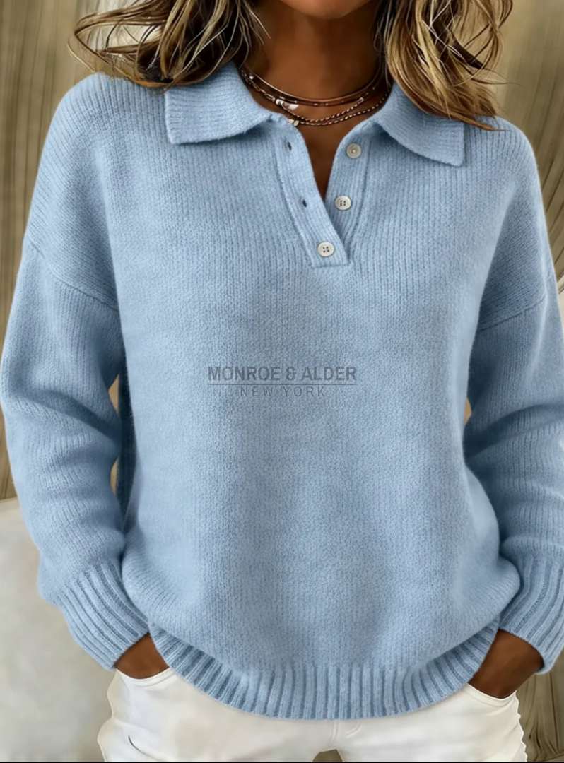Sheila polo collar sweater in light blue, front view