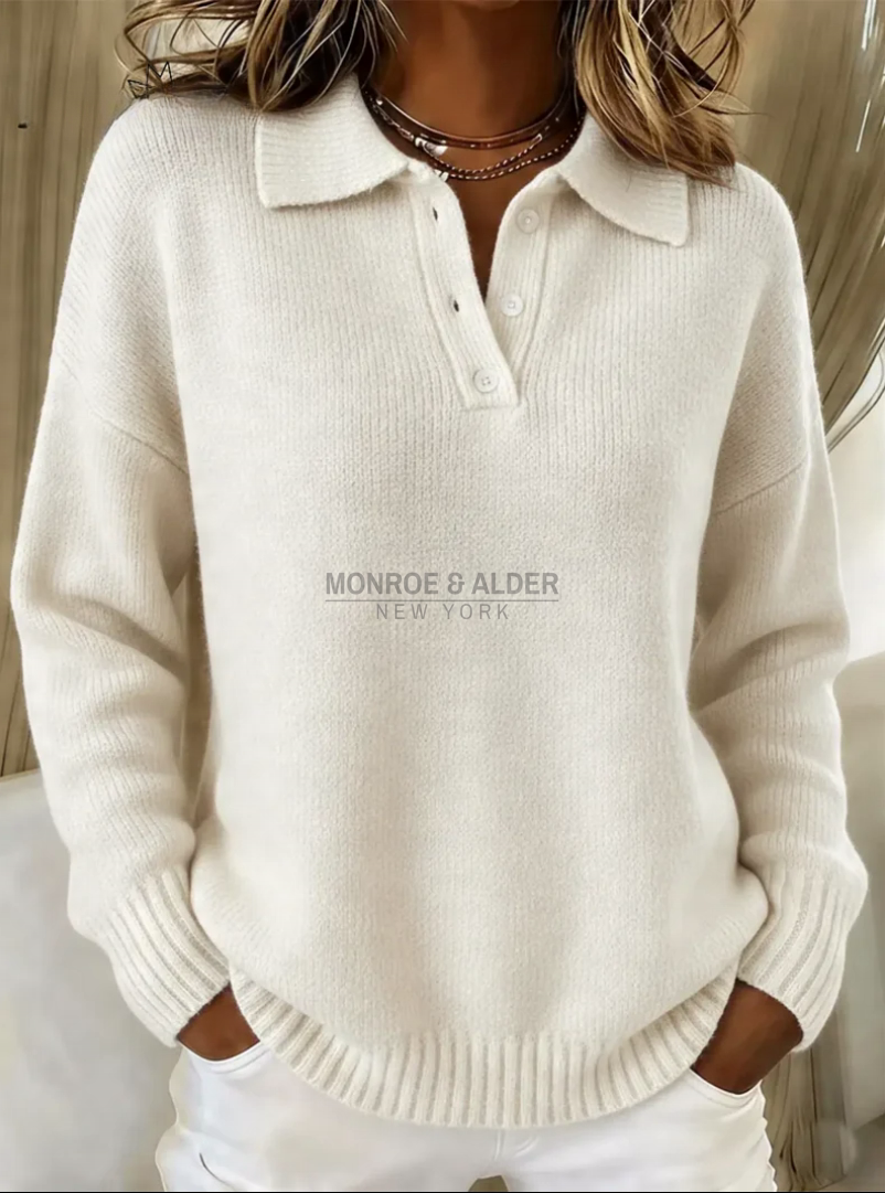 Sheila polo collar sweater in ivory, showing the button placket and ribbed hem