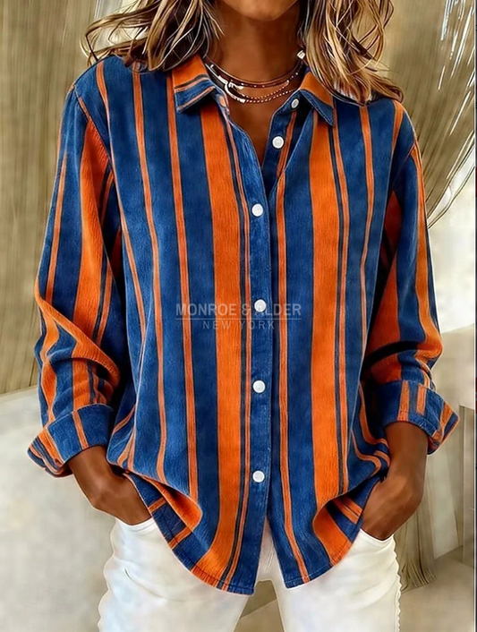 Simone blue and orange striped blouse, front view