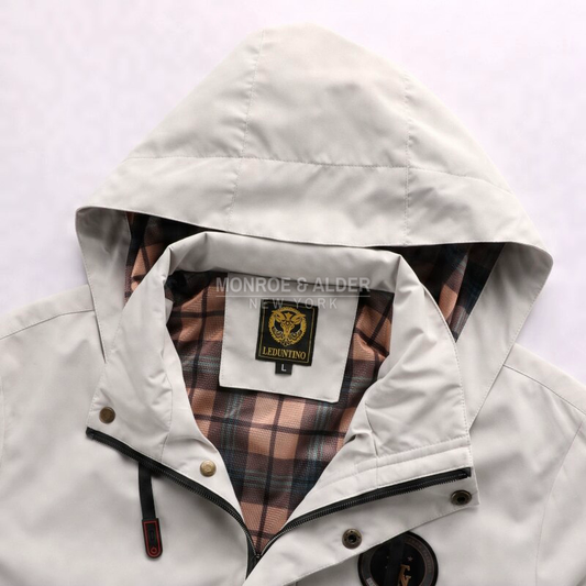 Close view of the Tribeca hood and plaid-lined collar