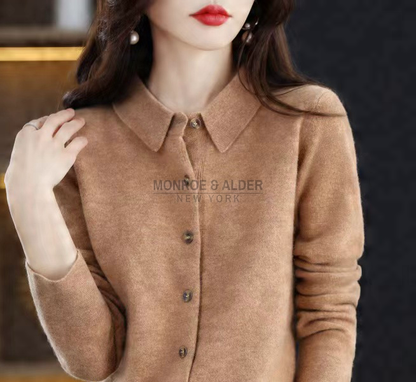 Trudy polo collar knit cardigan in camel, front view