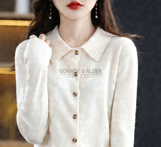 Trudy polo collar knit cardigan in ivory, front view