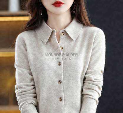 Trudy polo collar knit cardigan in light gray showing the pointed collar and button placket