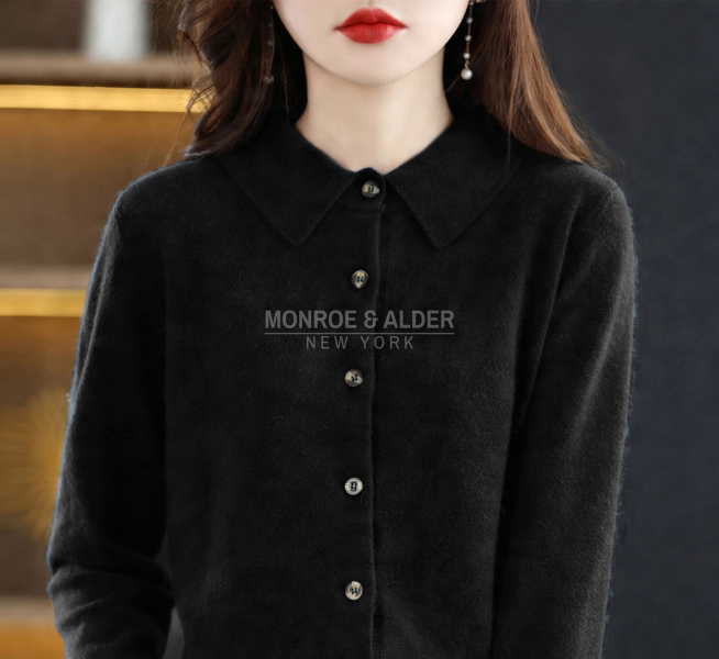 Trudy polo collar knit cardigan in black, front view