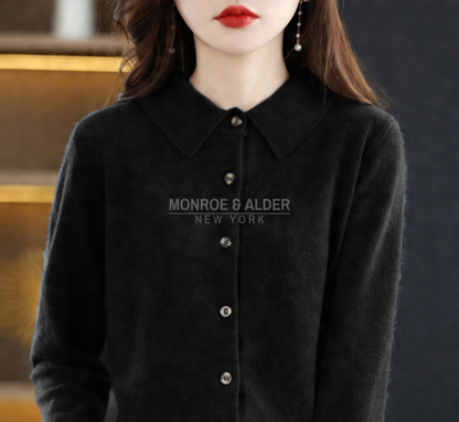 Trudy polo collar knit cardigan in black, front view