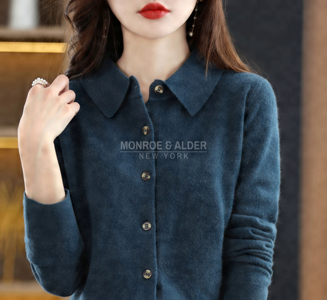 Trudy polo collar knit cardigan in teal, front view