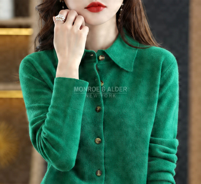 Trudy polo collar knit cardigan in emerald green, front view