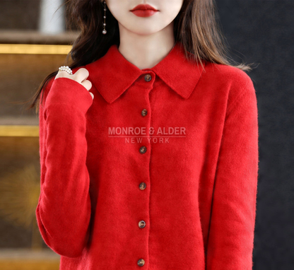 Trudy polo collar knit cardigan in red, front view