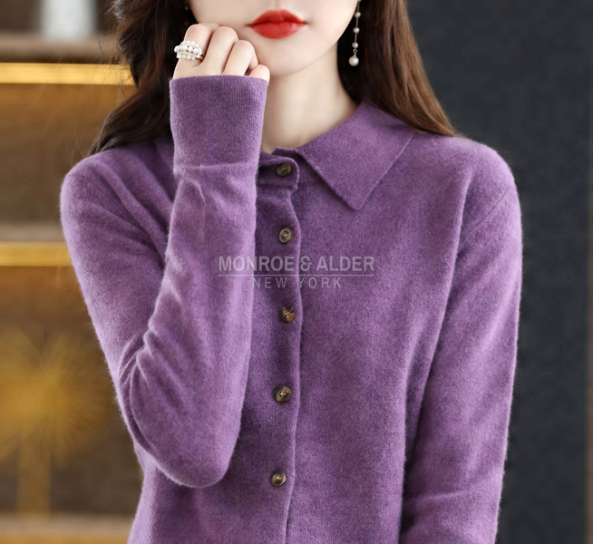 Trudy polo collar knit cardigan in purple, front view