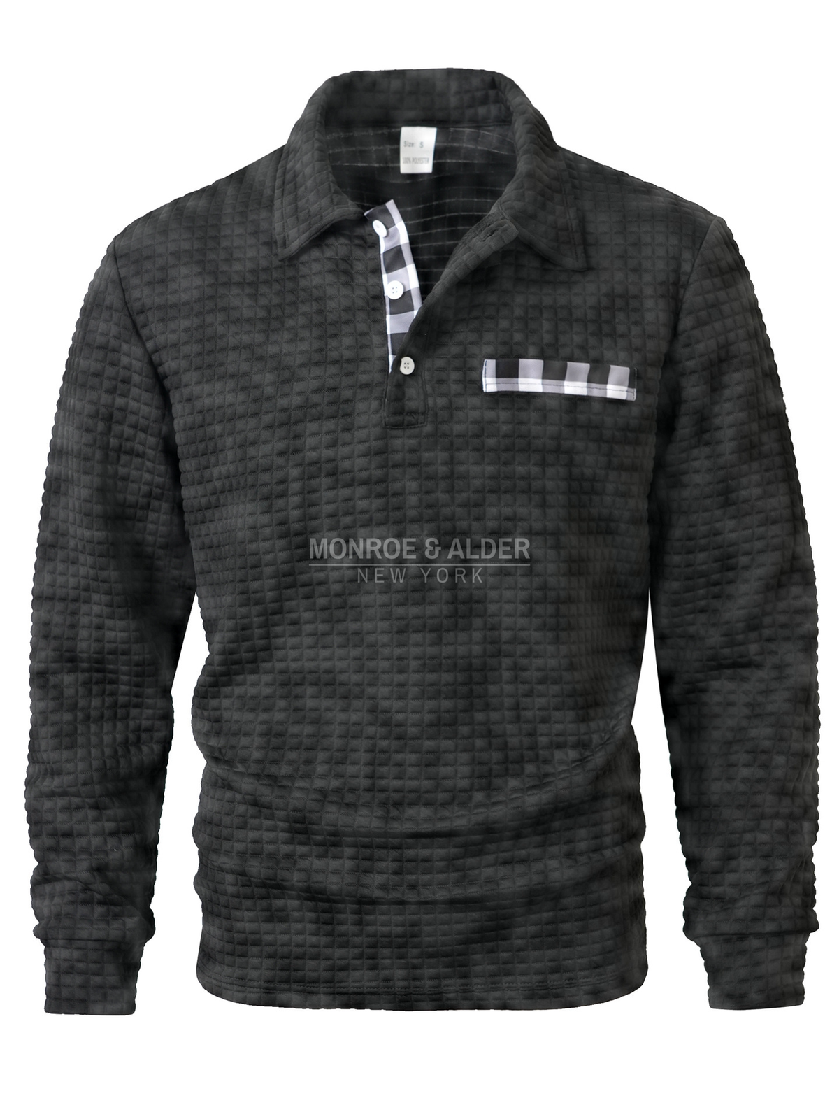 Wesley textured long sleeve polo in black, front view
