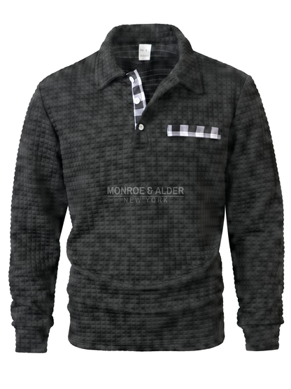 Wesley textured long sleeve polo in black, front view
