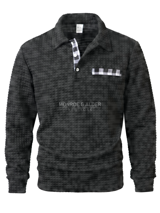 Wesley textured long sleeve polo in black, front view