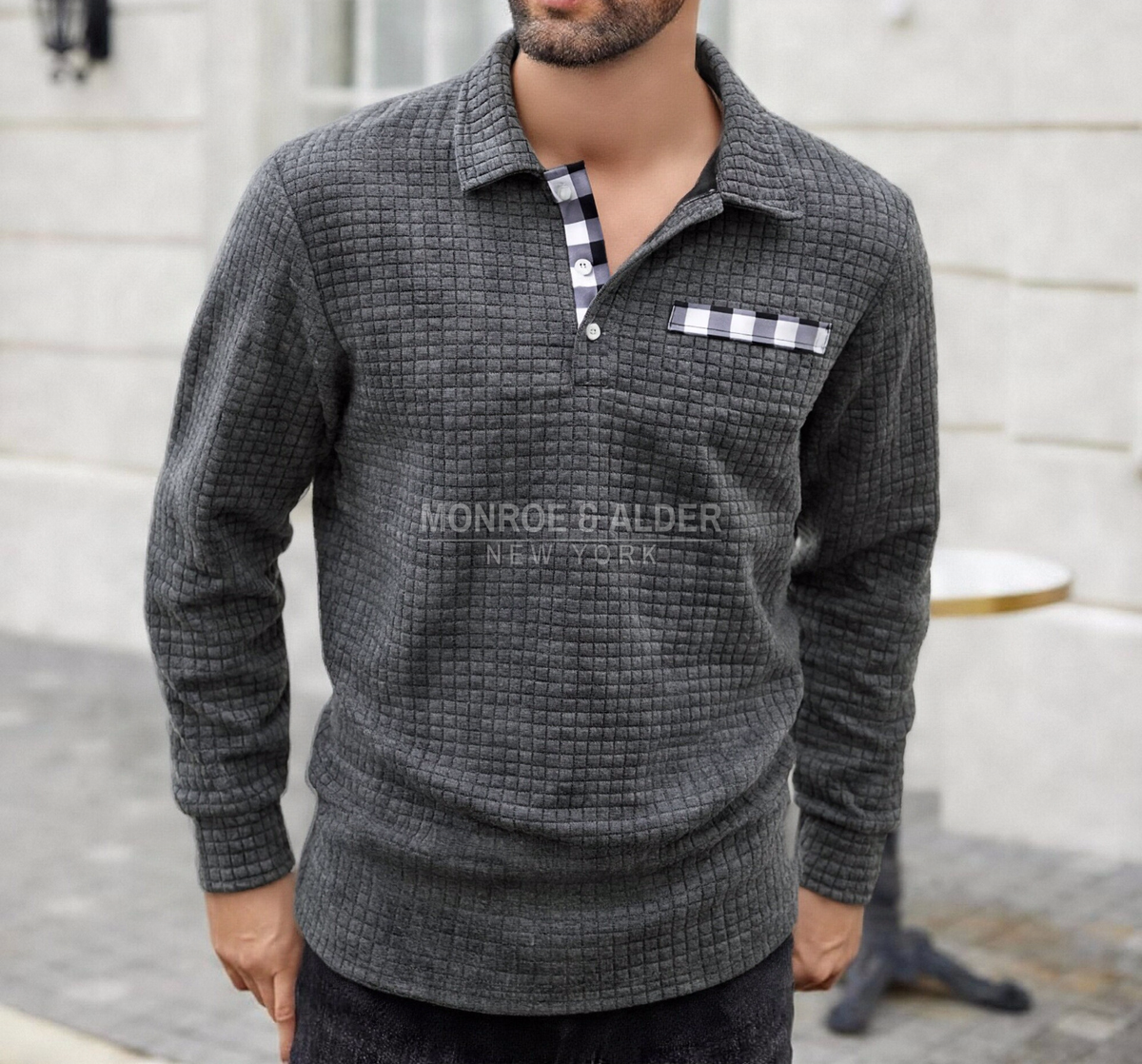 Man wearing the Wesley polo in gray
