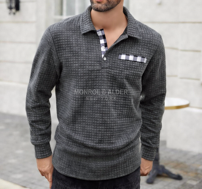Man wearing the Wesley polo in gray
