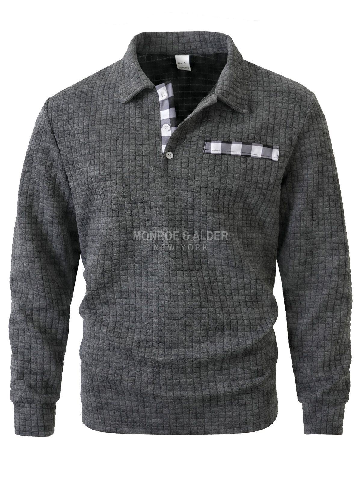 Wesley textured long sleeve polo in gray, front view