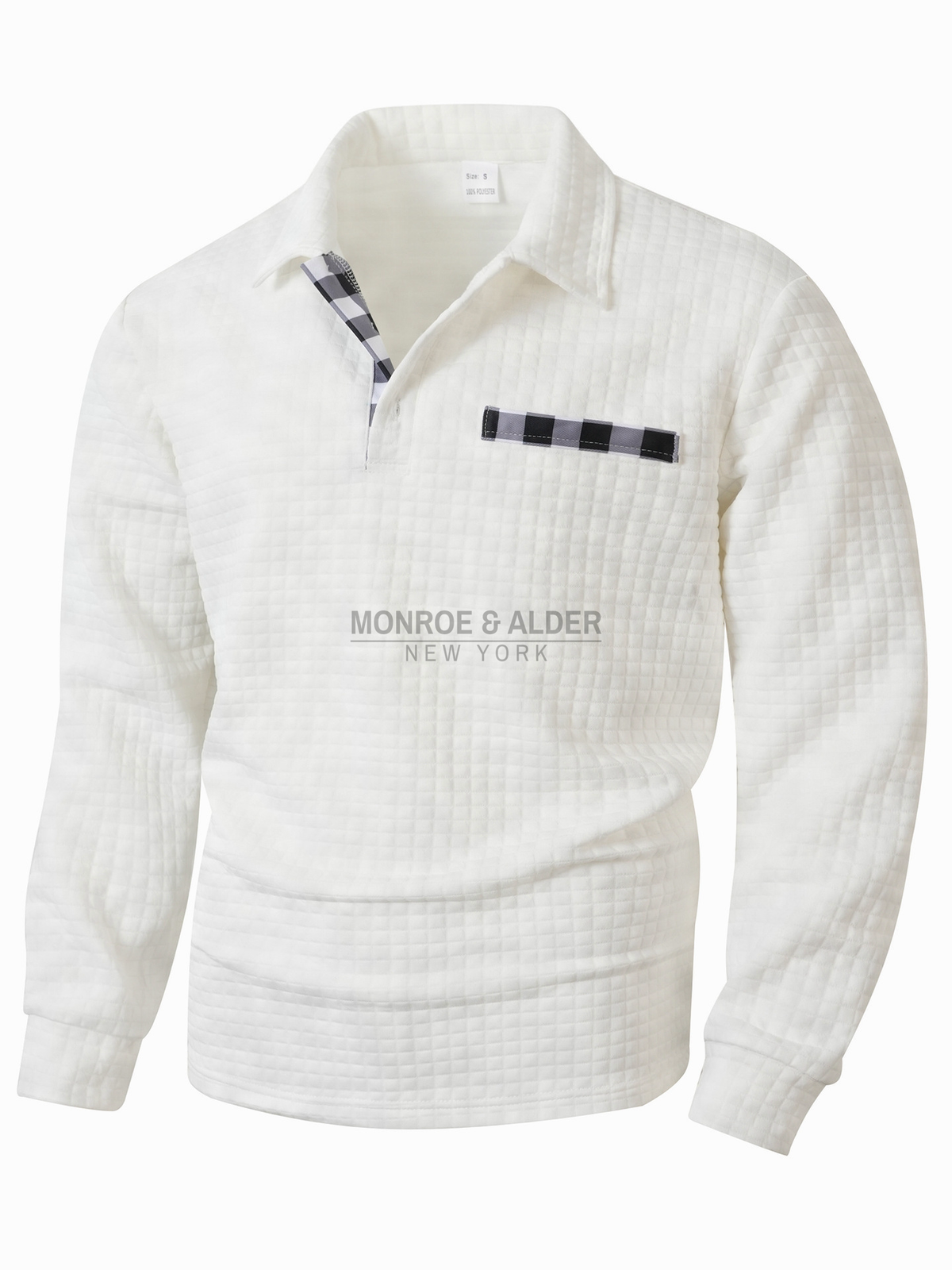 Wesley textured long sleeve polo in white, front view