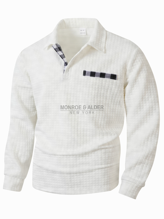 Wesley textured long sleeve polo in white, front view