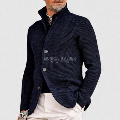 Whitman knit cardigan in navy with stand collar and button front