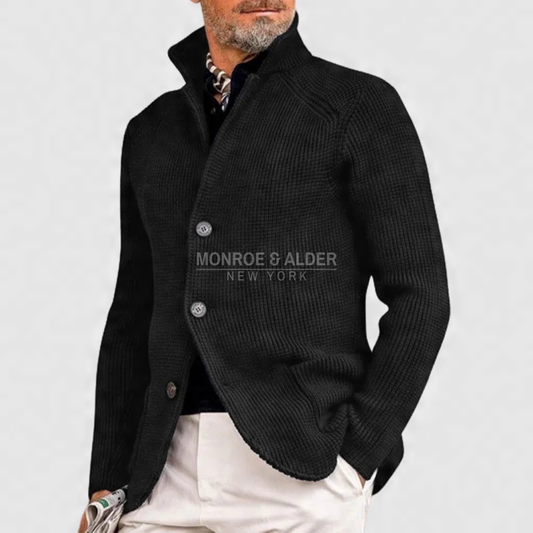 Whitman knit cardigan in black with stand collar and button front
