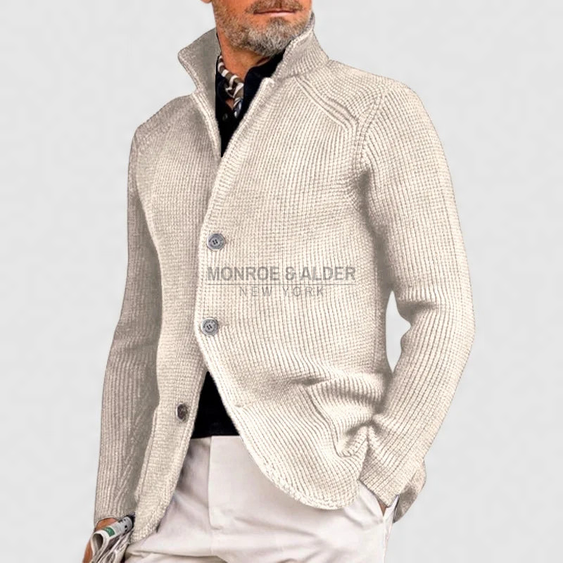 Whitman knit cardigan in ivory with stand collar and button front