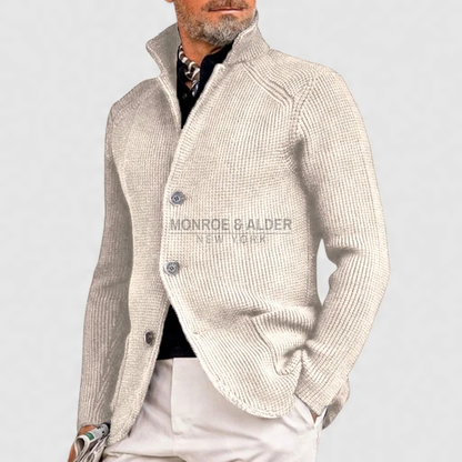 Whitman knit cardigan in ivory with stand collar and button front
