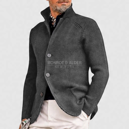 Whitman knit cardigan in dark gray with stand collar and button front