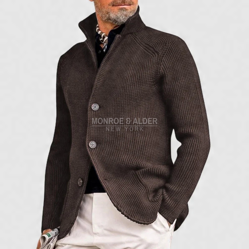 Whitman knit cardigan in brown with stand collar and button front