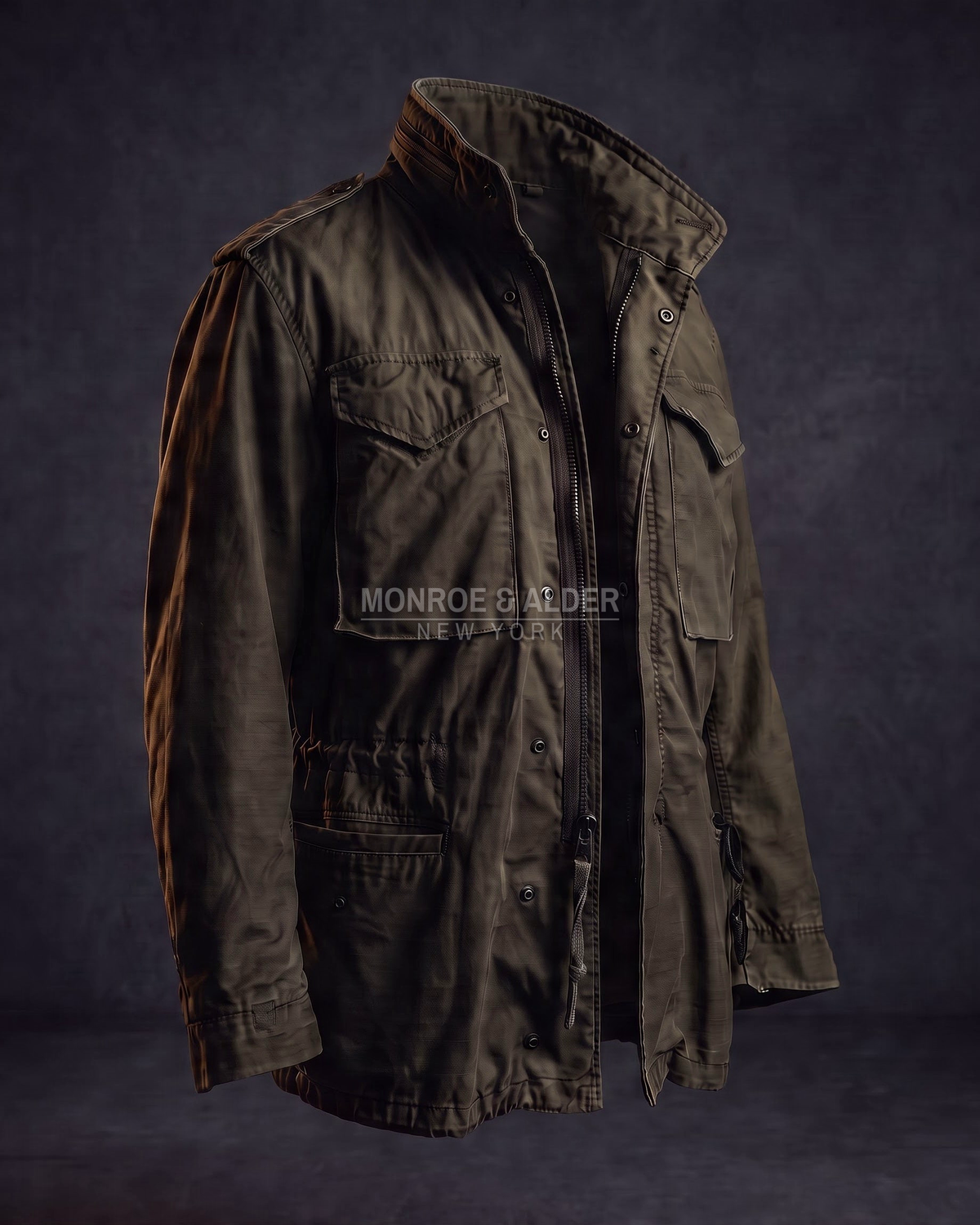 Wyatt field jacket in Dark Olive, three-quarter view