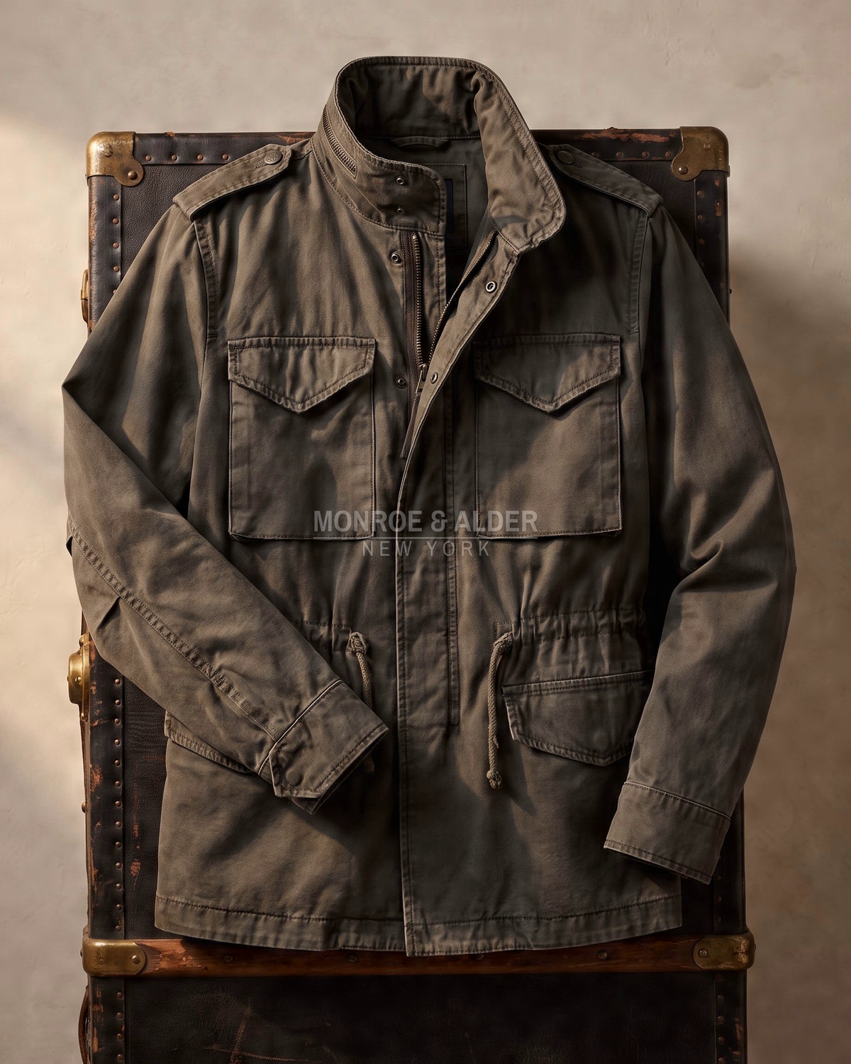 Wyatt field jacket in Dark Olive, full front view showing the chest pockets and epaulettes