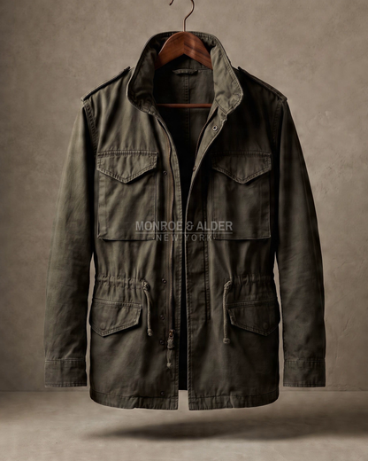 Wyatt field jacket in Dark Olive on a wooden hanger