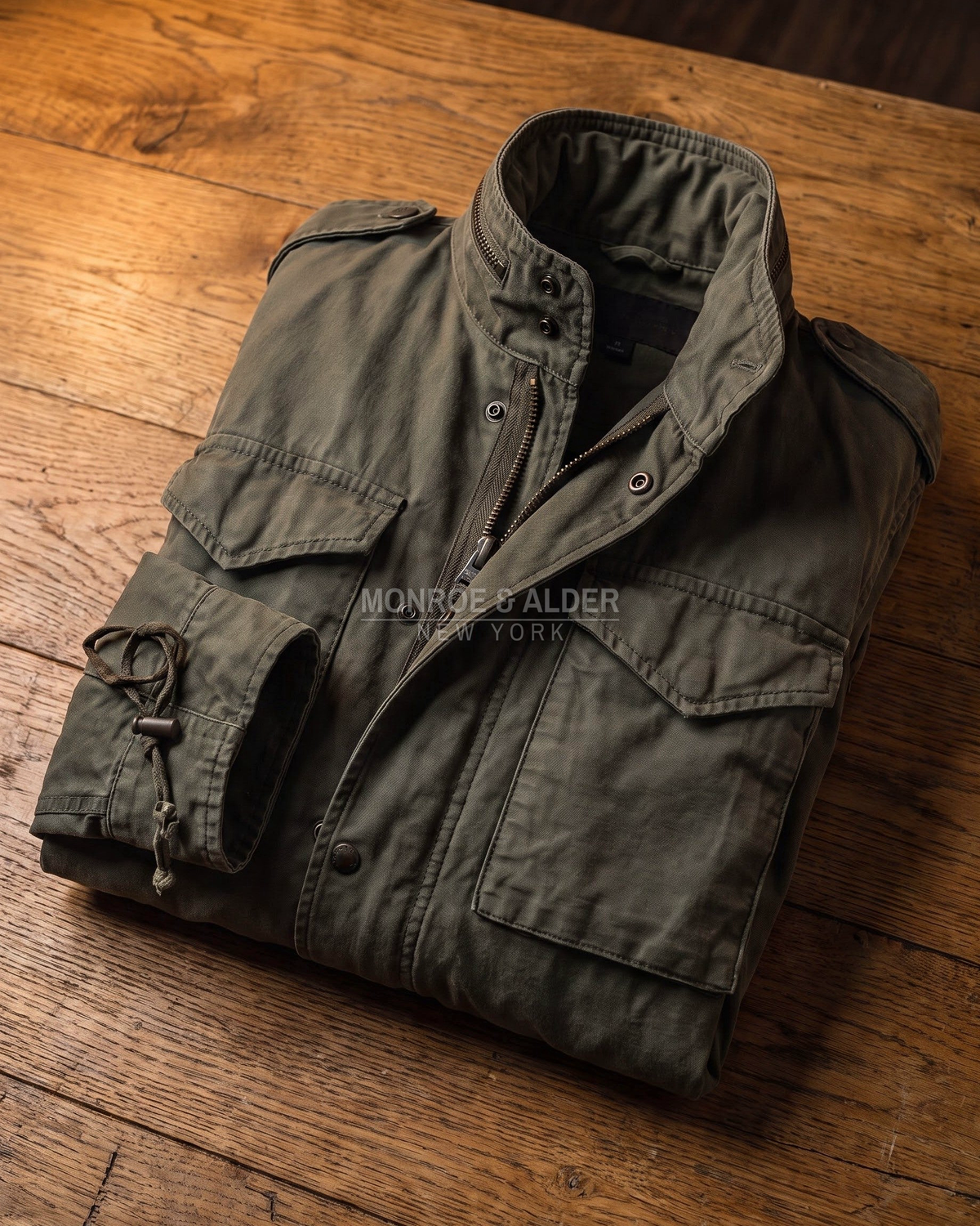 Wyatt field jacket in Dark Olive, folded on a wooden floor