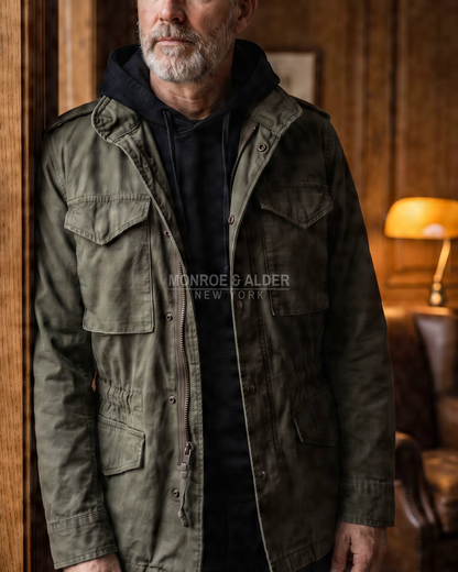 Man wearing the Wyatt field jacket in Olive over a hoodie