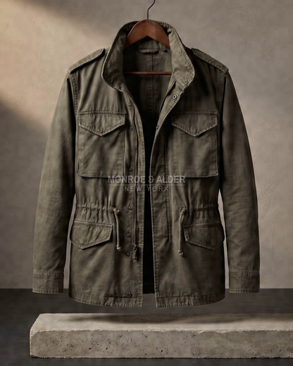 Wyatt field jacket in Olive on a wooden hanger