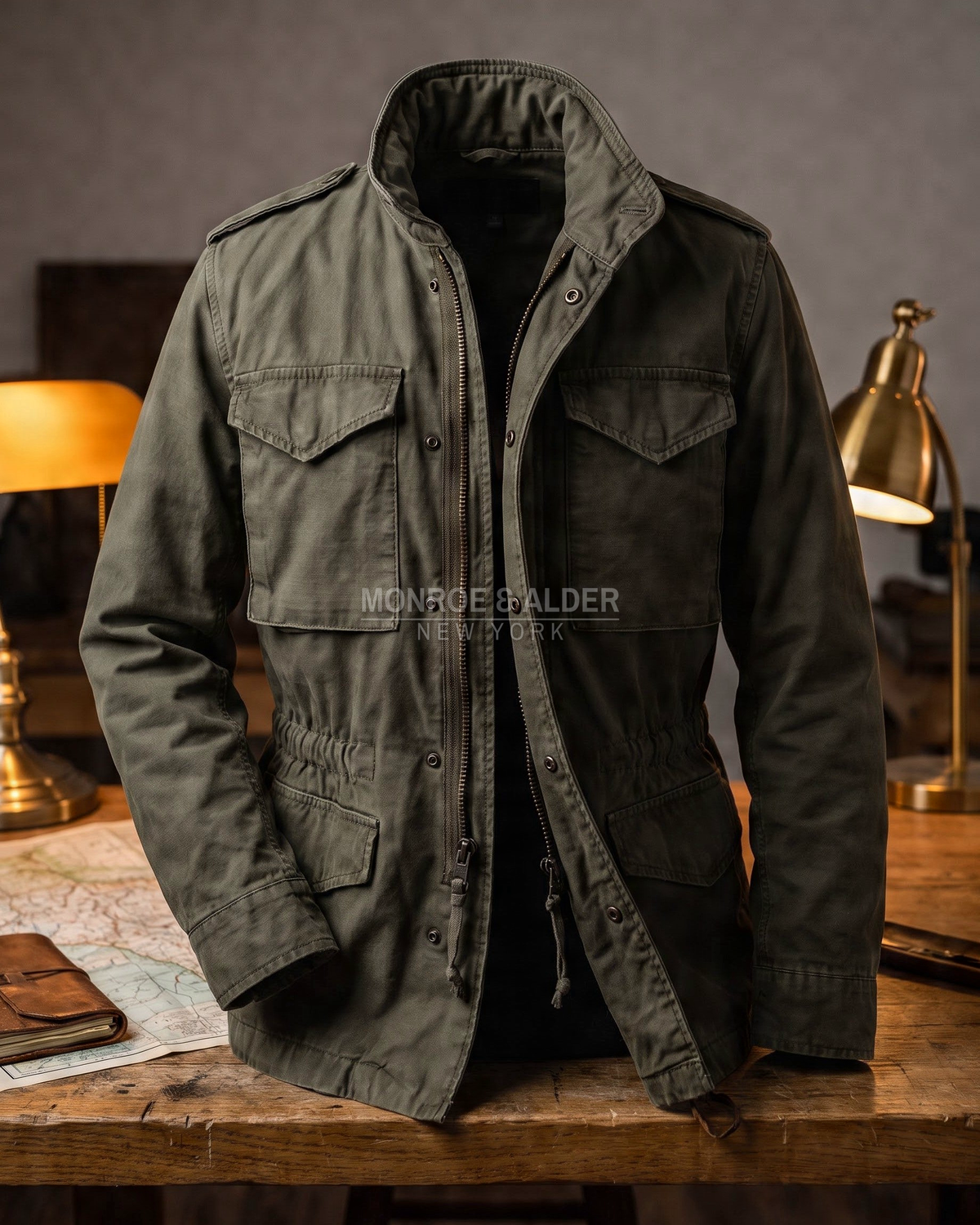 Wyatt field jacket in Olive draped over a wooden desk