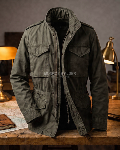 Wyatt field jacket in Olive draped over a wooden desk